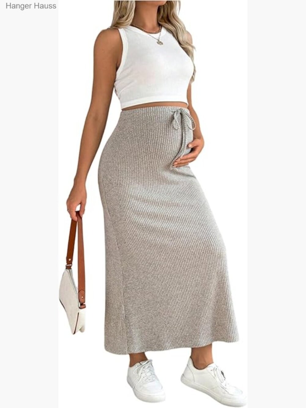 Rib Knit Maternity Two Piece Set Sleeveless Tank Midi Skirt Casual
